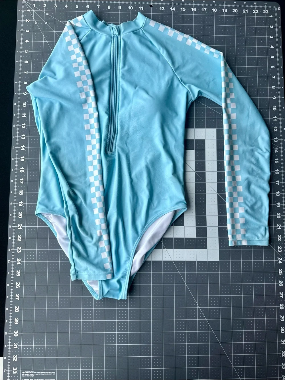Long Sleeve Zip Front One Piece Swimsuit * Sky Blue Checker * Girls